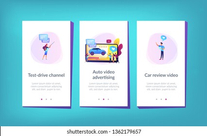 Customers like video with experts and modern car review with rating stars. Car review video, test-drive channel, auto video advertising concept. Mobile UI UX GUI template, app interface wireframe