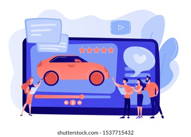 Customers like video with experts and modern car review with rating stars. Car review video, test-drive channel, auto video advertising concept. Pinkish coral bluevector isolated illustration