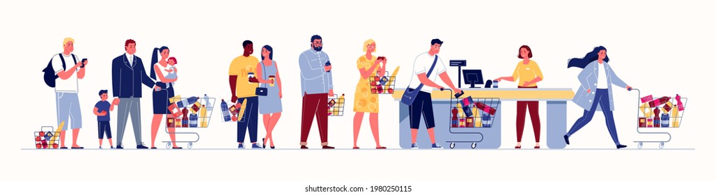 Customers line up at the supermarket checkout. Couples, families, students, businessmen, all kinds of people shop. Colored vector illustration in flat cartoon style.