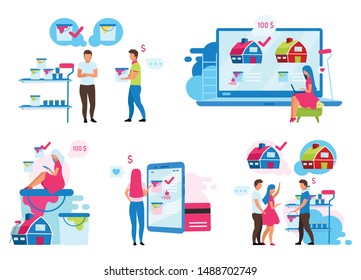 Customers making paint choice flat vector illustrations set. People choosing color for building renovation in diy store cartoon characters. House maintenance. Apartment interior design repair