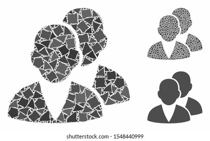 Customers mosaic of humpy parts in various sizes and color tones, based on customers icon. Vector ragged parts are combined into collage. Customers icons collage with dotted pattern.