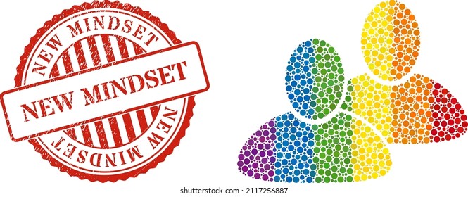 Kunden Mosaik-Icon von runden Artikeln in verschiedenen Größen und Regenbogen hellen Tönen. Roter Rundentrippungstext mit dem neuen Mindset-Text. LGBT-Farbige Kunden für Lesben, Schwule, Bisexuelle,