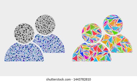 Customers mosaic icon of triangle elements which have variable sizes and shapes and colors. Geometric abstract vector illustration of customers.