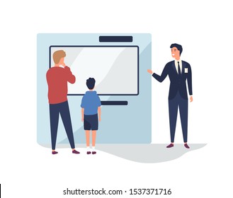 Customers near promotional stand flat vector illustration. Consultant, salesman giving presentation. Promoter advertising product cartoon character. Clients at commercial exhibition, marketplace.