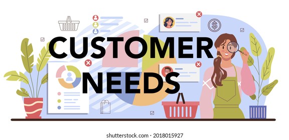 Customer's needs typographic header. Commercial activities process. Establishing a contact with a customer, analysis and targeting. Entrepreneurship strategy. Flat vector illustration