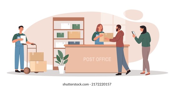 Customers on shop. Man and woman at checkout receive goods and pay for purchases. Modern trade, supermarket or market. Warehouse characters, logistics concept. Cartoon flat vector illustration