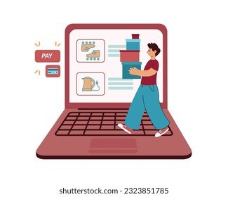 Customers online shop. Man holding boxes with things, using laptop to visit website and buy goods. Online payment by credit card. Flat vector illustration in blue and purple colors