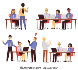 Customers online support operators at work, flat vector illustrations set isolated on white background. Clients support department staff characters collection.