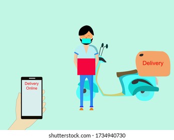Customers order food online by having the staff deliver the item to the appointment point, covid-19 quarantine delivery , Flat design