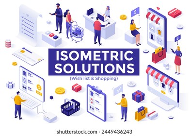 Customers ordering various goods in online stores. Wish list and shopping isometric solutions elements collection. Planning purchases with mobile phone apps for buyers 3d vector illustrations