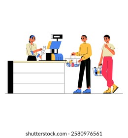 Customers Paying At Cash Register With Shopping Baskets In Flat Vector Illustration Symbolizing Retail Checkout, Customer Service, And Payment Process, Isolated On White Background