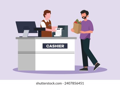 Customers paying at checkout and cashier counters concept. Colored flat vector illustration isolated.