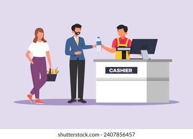 Customers paying at checkout and cashier counters concept. Colored flat vector illustration isolated.