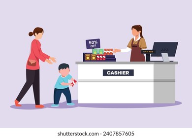 Customers paying at checkout and cashier counters concept. Colored flat vector illustration isolated.