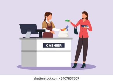 Customers paying at checkout and cashier counters concept. Colored flat vector illustration isolated.