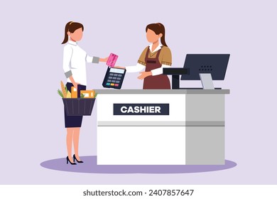 Customers paying at checkout and cashier counters concept. Colored flat vector illustration isolated.