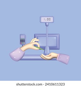 Customers paying at checkout and cashier counters concept. Realistic 3d object cartoon style. Vector colorful illustration.