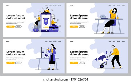 Customers paying online set. Getting cashback, money transfer, profit, chemist with tubes. Flat vector illustrations. Finance, science concept for banner, website design or landing web page