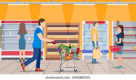 Clientes personas comprando productos en supermercado. concepto de supermercado y consumismo. estantes vacíos de la tienda. Ilustración vectorial en estilo plano