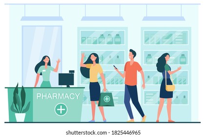 Customers and pharmacist in pharmacy store. People buying medication in drugstore. Flat vector illustration for pharmaceutics service and treatment concept.