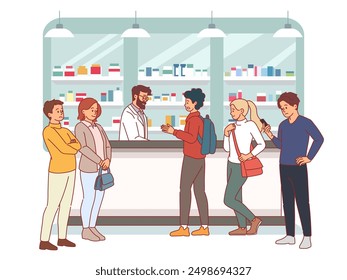 Customers at pharmacy. Counter queue, people need medications, standing in line, waiting to buy pills, pharmacist at checkout, clients waiting consultation, cartoon flat isolated vector concept