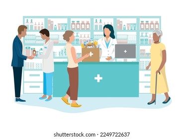 Los clientes de una farmacia hablan con un farmacéutico y compran medicamentos. Las estanterías de las farmacias están llenas de viales de medicamentos, pastillas, cápsulas y suministros médicos. Ilustración vectorial.