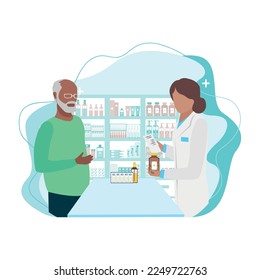 Customers in a pharmacy talk to a pharmacist and buy medicines. Pharmacy shelves are filled with vials of medicines, pills, capsules and medical supplies. Vector illustration.