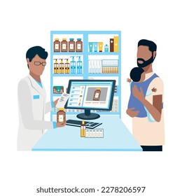 Customers in a pharmacy talk to a pharmacist and buy medicines. Pharmacy shelves are filled with vials of medicines, pills, capsules and medical supplies. Vector illustration.