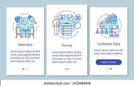 Customers profile methods onboarding mobile app page screen with linear concepts. Interview, survey, customer data walkthrough steps, instructions. UX, UI, GUI vector template with illustrations