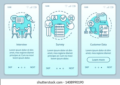 Customers profile methods  turquoise gradient onboarding mobile app page screen vector template. Walkthrough website steps with linear illustrations. UX, UI, GUI smartphone interface concept