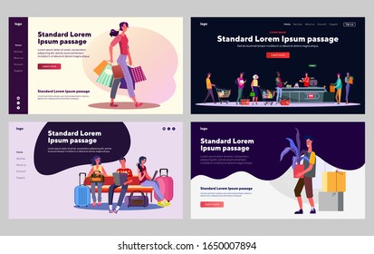Customers in public places set. Shopping, tourists in airport, queue in supermarket. Flat vector illustrations. Communication, city, commerce concept for banner, website design or landing web page