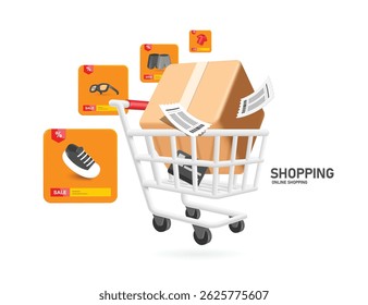 Customers purchase items online from application and confirm order by  product box or cardboard box or parcel box, placing in shopping cart or basket, and confirm order by paying with credit card