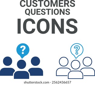 Customers question icons. Contains customer satisfaction, assistance, experience, feedback, operator and technical support icons. Solid icon collection.