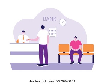 Customers queue at the bank to make cash and non-cash transactions, vector illustration.