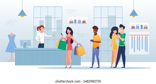 Customers Queue at Cash Register in Clothing Store. Afro American and Caucasian Men and Women with Purchases in Handbags Standing Counter with Friendly Smiling Female Cashier. Vector Illustration