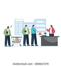 Clientes en cola y personas haciendo compras, ilustraciones modernas de vector plano