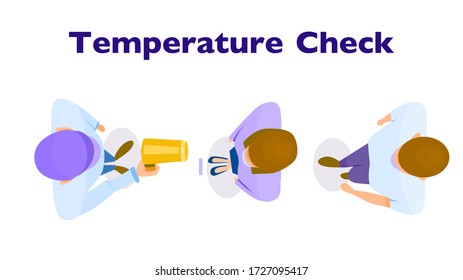 Customers queue for temperature check or fever check with non-contact thermometer checking at forehead. Top view. COVID-19 pandemic concept. Vector illustration. Flat design