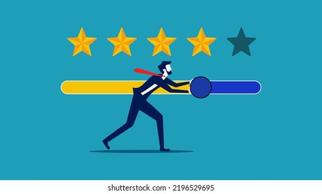 Customers rate stars. Businessman pushes the opinion bar to the best stars