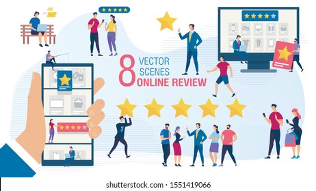 Customers Rating, Client Online Review Trendy Flat Vector Isolated Concepts Set. Businessman Analyzing Customers Experience, Clients Feedback and Buyers Preferences During Shopping Online Illustration