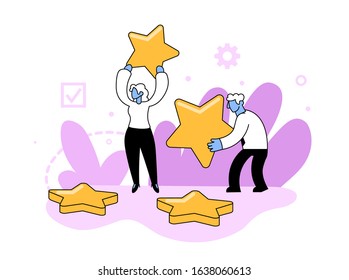 Customers with rating stars. People giving reviews, ratings, and feedback. Customer choice. Know your client. Business concept flat vector illustration, isolated on white background.