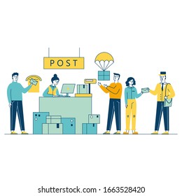 Customers receiving and sending packages in shipping and delivery department vector illustration. Mail service worker receiving parcels and mails for delivery. Postman giving mail to woman.