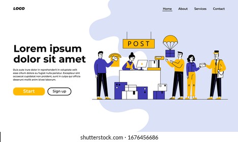Customers receiving and sending packages in shipping and delivery department vector illustration. Mail service worker receiving parcels and mails for delivery. Postman giving mail to woman.