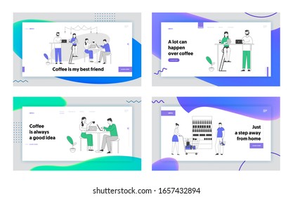 Customers in Recreational Place, Hospitality Website Landing Page Set. Men and Women Spend Time in Cafe with Free Wifi Drinking Coffee, Chat Web Page Banner. Cartoon Flat Vector Illustration Linear