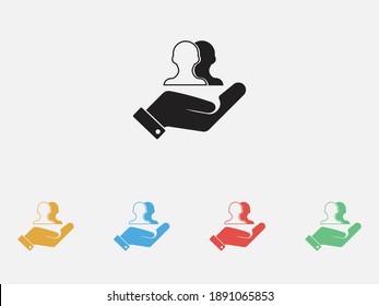Customers retention icon, vector illustration. Users care service. Filled vector icon. Customers with hand icon. Set of colorful flat design icons