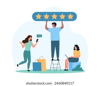 Customers review for purchases in store, shoppers experience in survey service. Tiny people holding 5 stars sign, clients with shopping bags buy gifts on shop sales cartoon vector illustration