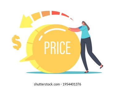 Customers Satisfaction with Product Cost and Worth. Shopping Offer for Buyers. Price and Quality Balance Concept. Tiny Female Character Turning Huge Switch Down. Cartoon People Vector Illustration