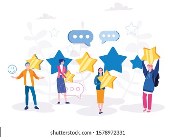 Customers satisfaction review. Vector illustration for web banner, infographics, mobile. People holding golden star, Feedback, reputation and quality.