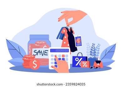 Customers saving money for discount event vector illustration. Hand counting expenses with calculator, coins in jar, shopping bags and clothes with sale tag. Black Friday, commerce, business concept