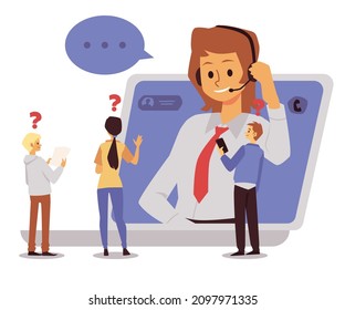 Customers seek help from online support operator, flat cartoon vector illustration isolated on white background. Hotline and telemarketing services for clients.