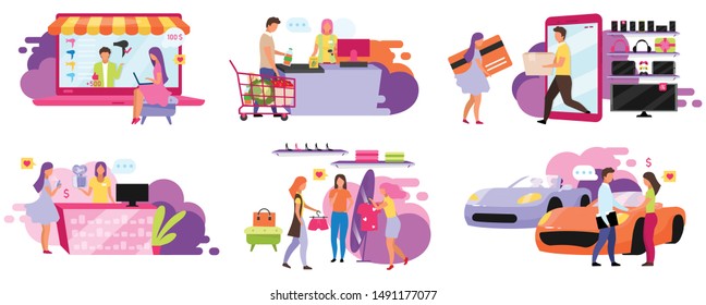 Customers And Sellers Flat Vector Illustrations Set. Purchasing Goods, Ordering Delivery Online, On Website. Going To Supermarket, Convenience Store. Shopping Isolated Cartoon Characters